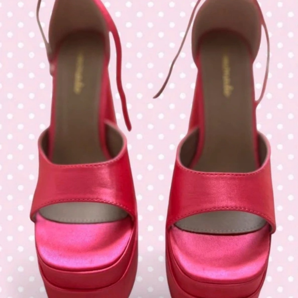 Satin Hot Pink Platform Sandals with Ankle Tie